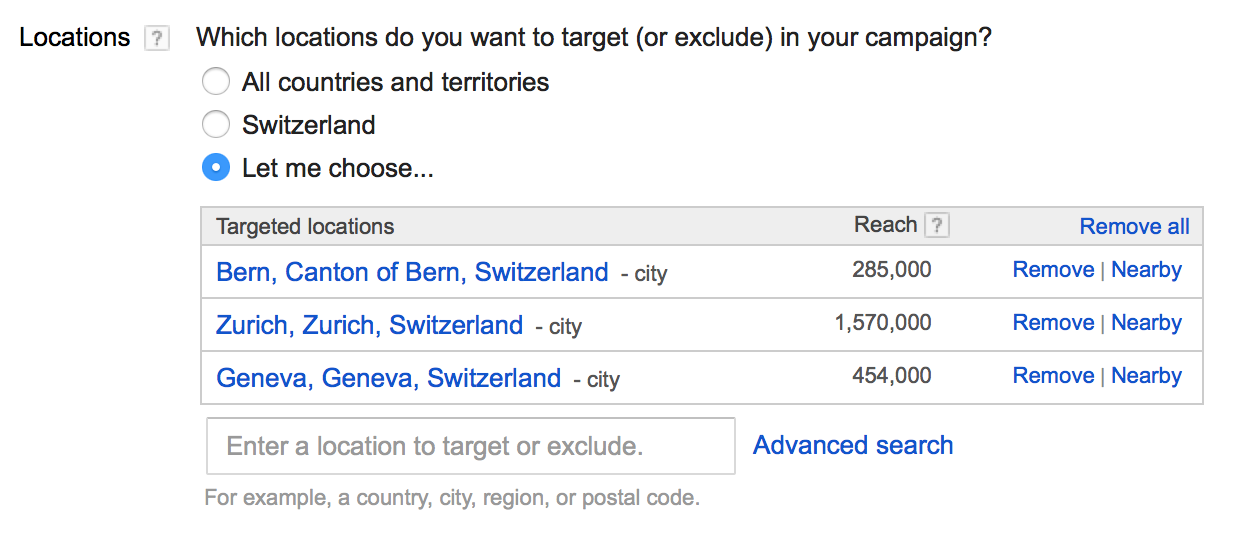 ciblage adwords par pays et ville en Suisse - Agence Google Adwords pour PME